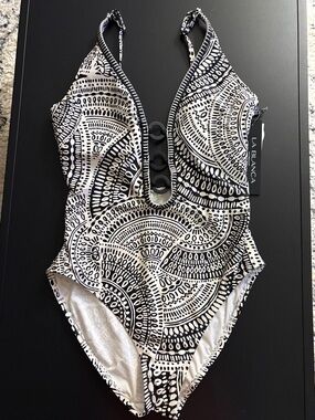 La Blanca Black and White Printed One-Piece Swimsuit with Ring Detail